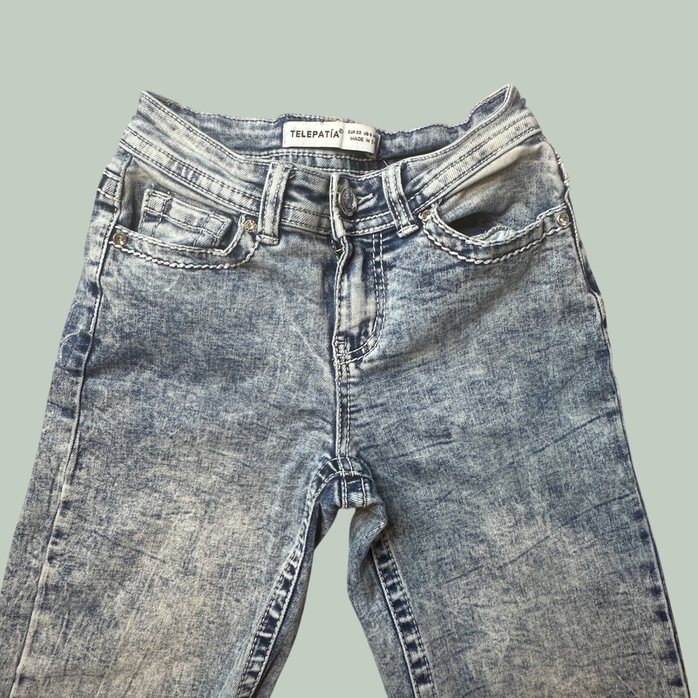 Telepatia Jeans Womens 0 Flare Acid Wash Skull Rhinestone Embellished Y2K Style